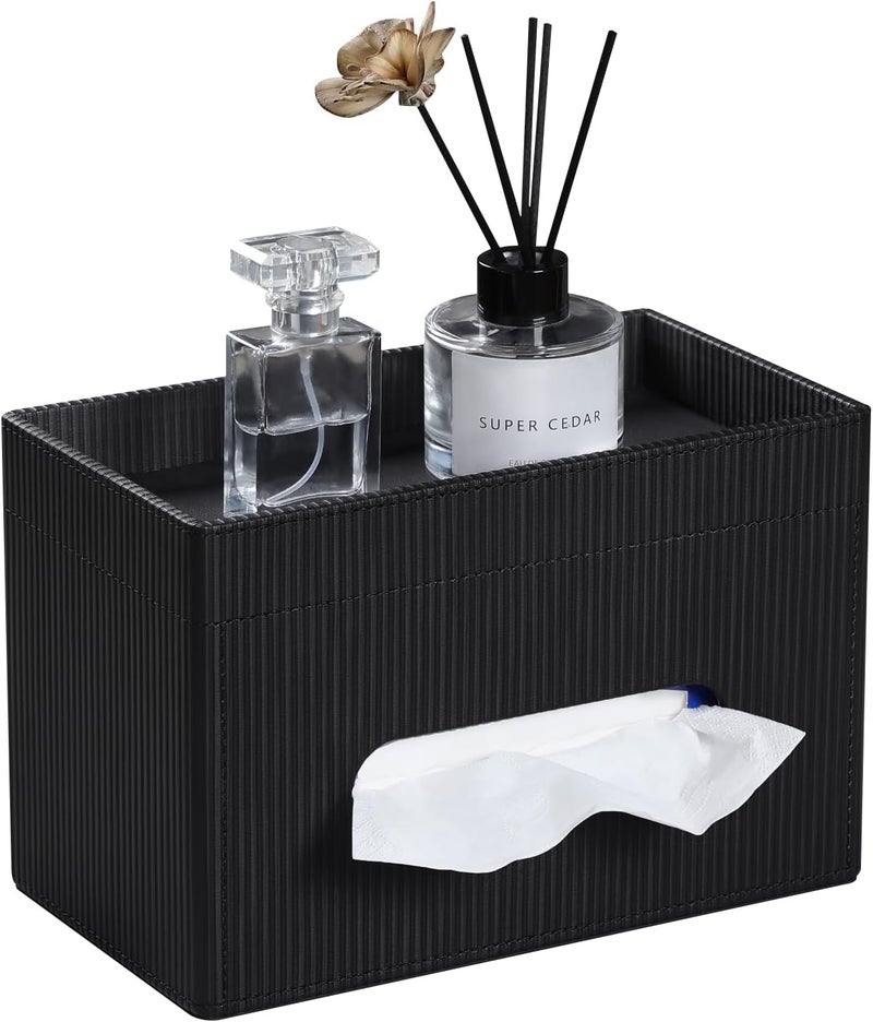 Cretkhp Tissue Box Cover Rectangle with Storage Tray, PU Leather Tissue Holder for Bathroom Vanity Countertop Night Stands Bedroom Office Desk, Stylish Rectangular Tissue Box Holder (Black) - Image 1